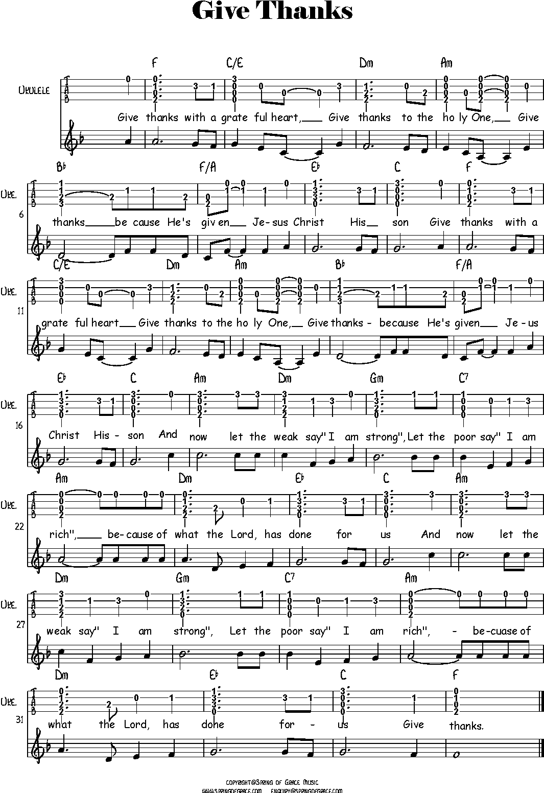 Ukulele Tab譜 ﹣ Give Thanks 歡欣